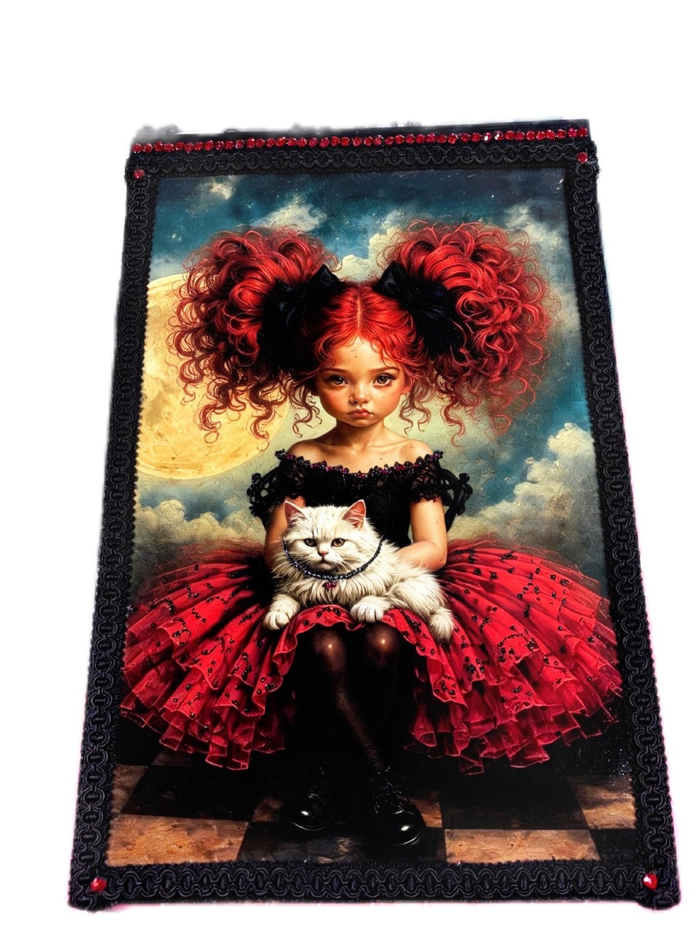 Crimson and Clover Decoupage Wall Art with Cat - Vibrant Red & Black